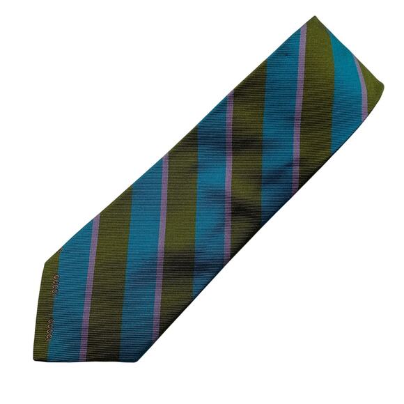 VTG Gucci 100% Silk Tie Green Bright Blue Green Horizontal Stripe Mens Suit Tie - Picture 1 of 7